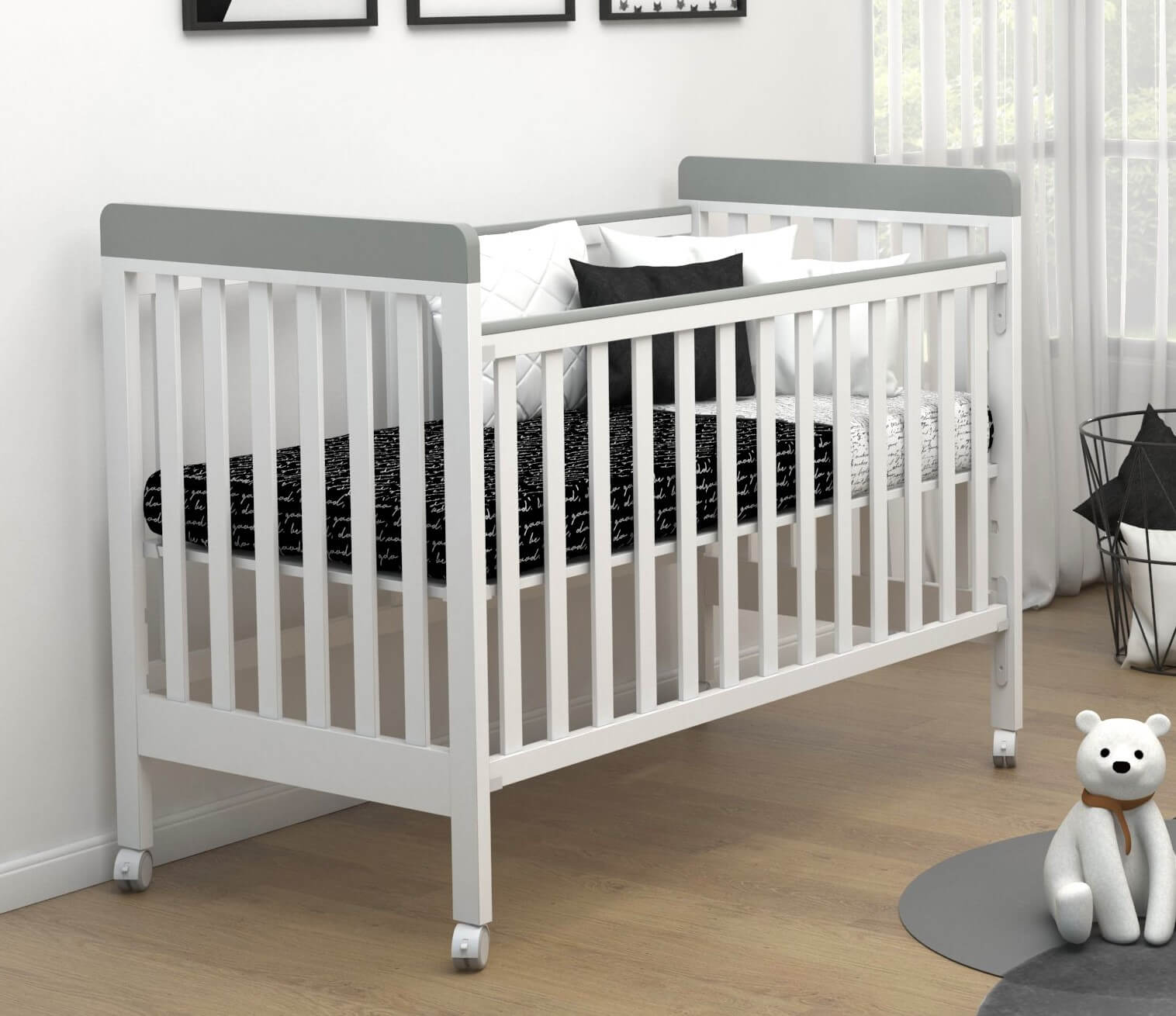 מיטת תינוק דגם ארבל  לבן שילוב אפור- רהיטי שניר